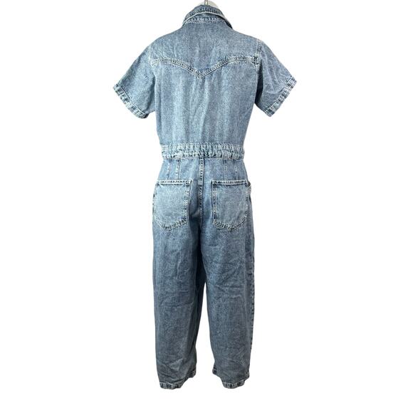 Free People Marci Blue Vollared Short SleeveTapered Denim Coverall Jumpsuit Sz M - Picture 2 of 4